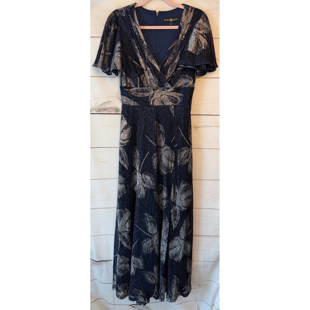 Betsy & Adam Navy Silver Metallic Floral Flutter Sleeve Maxi Dress Gown A25417 8